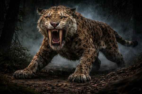 Smilodon californicus — the iconic saber-toothed cat with long, curved canines, a powerful build, and a fearsome presence during the Pleistocene.